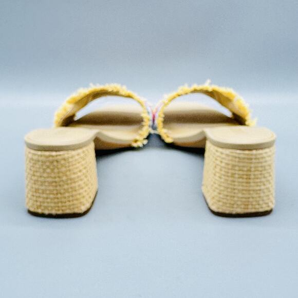J Crew Sandals Womens 8.5 Beige Woven Slide Open Toe Block Heel Raffia Fringe - Picture 6 of 11